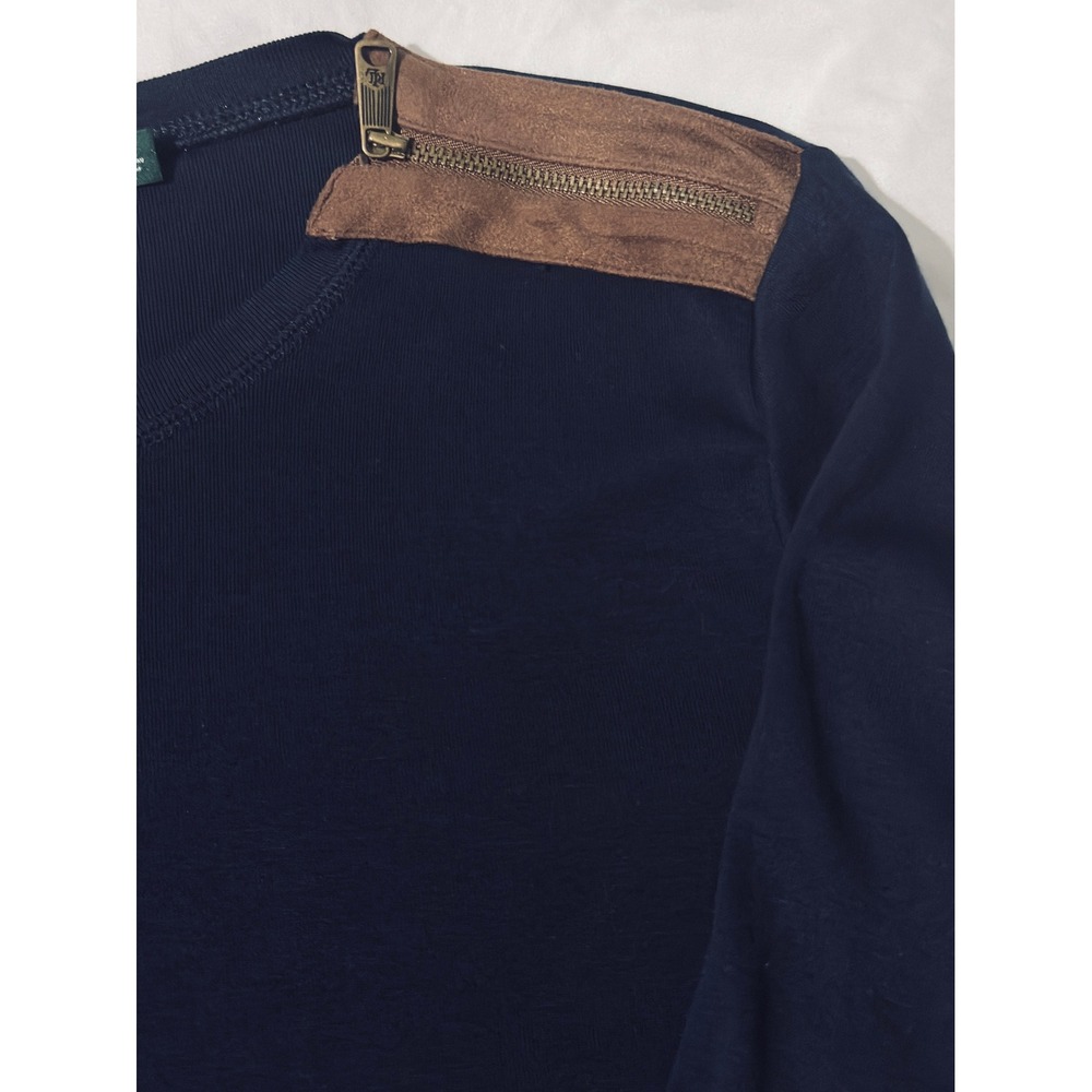 Lauren Ralph Lauren Top Womens XL Navy Blue Suede Patch Shoulder Zip - Picture 2 of 11